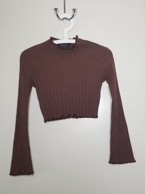 SHEIN Chocolate Brown High Neck Ribbed Crop Top Size: Small